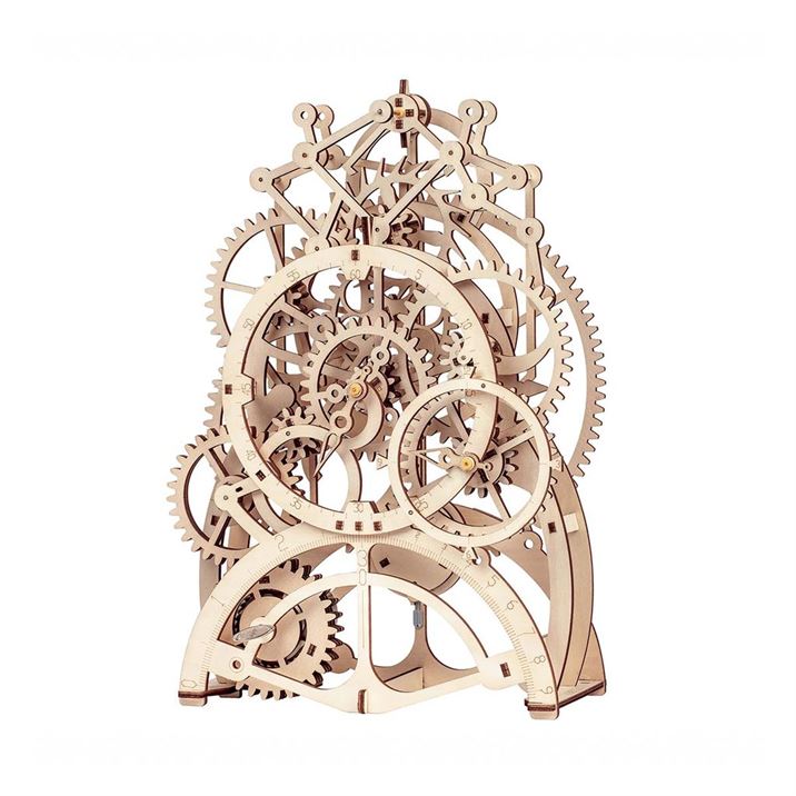 Une horloge en bois 3d avec des engrenages complexes et un design semblable à un puzzle.