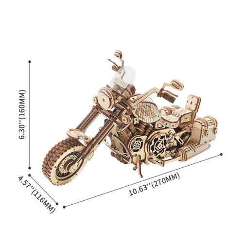 Une **maquette en bois** d'une motocyclette avec des **mesures**.