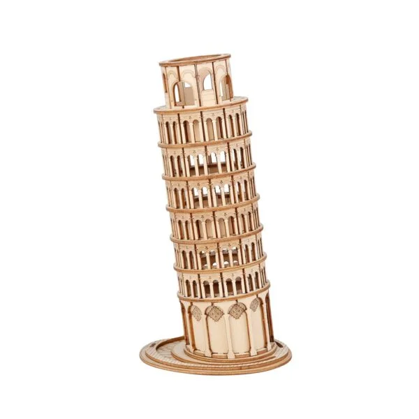 Un puzzle 3D en bois représentant la maquette de la tour penchée de Pise.