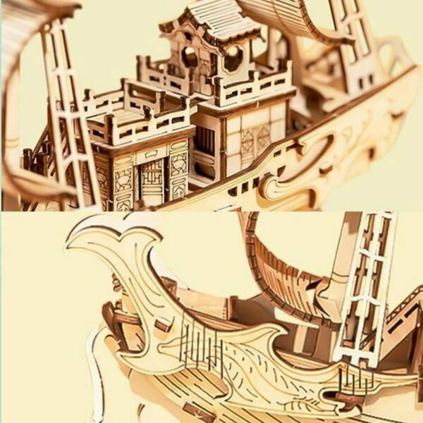 Une maquette en bois puzzle 3d d'un bateau.