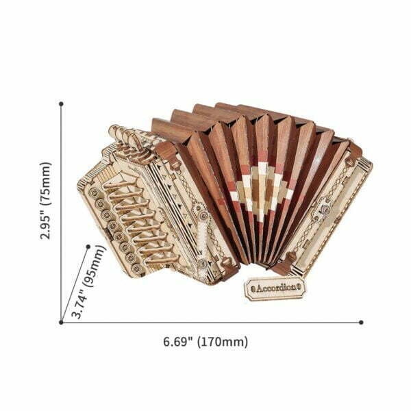 Une maquette en bois d'un accordéon avec des mesures dessus.