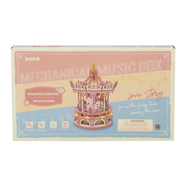 Une boîte puzzle 3d contenant un enchanté musical robotime carrousel.