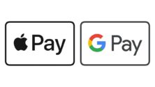 Maquette en bois représentant les logos Apple Pay et Google Pay.