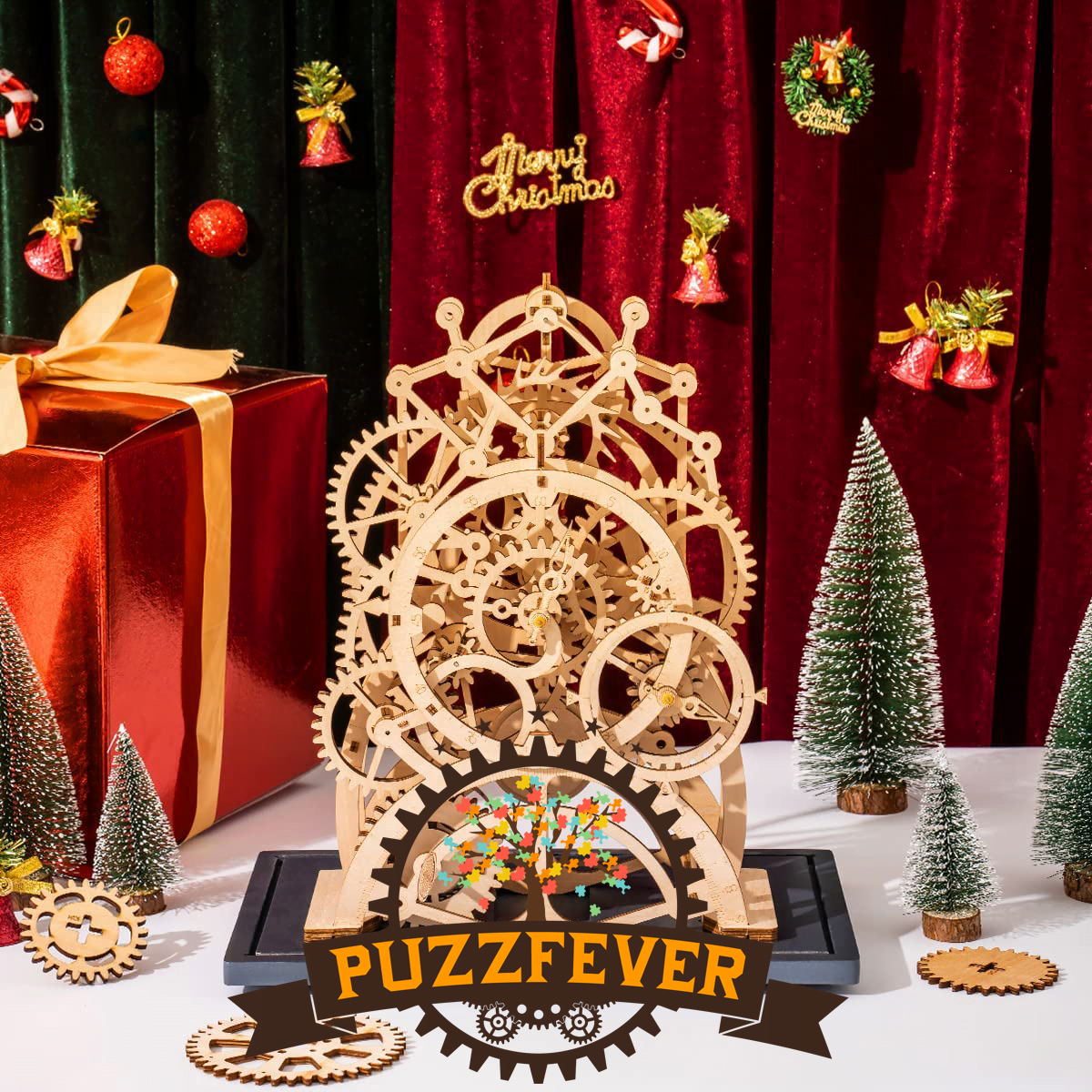 Une maquette robotime rokr comportant un puzzle en bois avec des engrenages et un arbre de Noël.