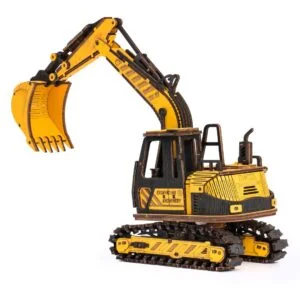 Un modèle d'excavatrice jaune sur fond blanc, réalisé à partir d'un puzzle 3D en bois.