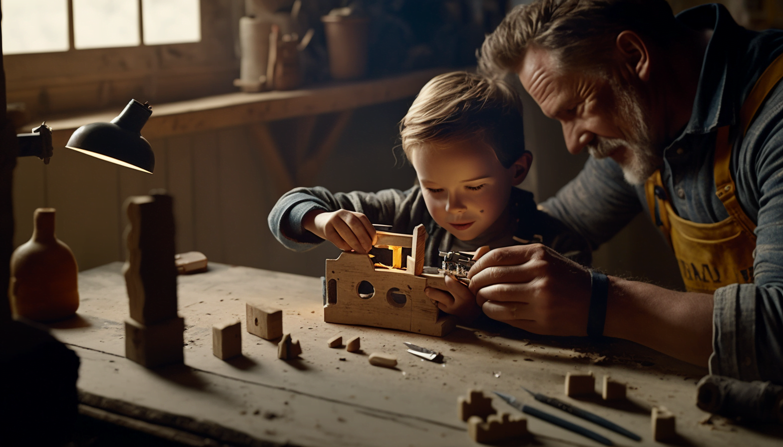 Un père et son fils construisant un modèle de puzzle en bois 3D.