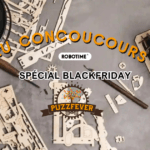 Une publicité spéciale Black Friday pour un jeu gratuit de puzzle 3D, avec les mots "je concuuurs" (je rivalise).