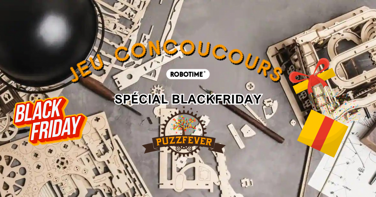 Une publicité spéciale Black Friday pour un jeu gratuit de puzzle 3D, avec les mots "je concuuurs" (je rivalise).